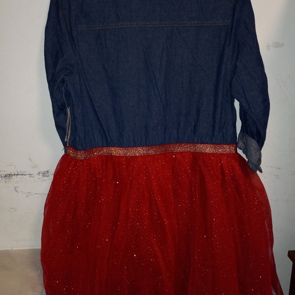 Lilt Girls Plus 3/4 Roll Sleeve Denim Red Gold Glitter Mesh Dress Size XXL(20.5) - Picture 5 of 10